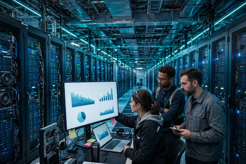 AI Data Center Spending Is Outrunning Revenue, and the Math Is Getting Harder AI data center with rows of servers and engineers reviewing costs