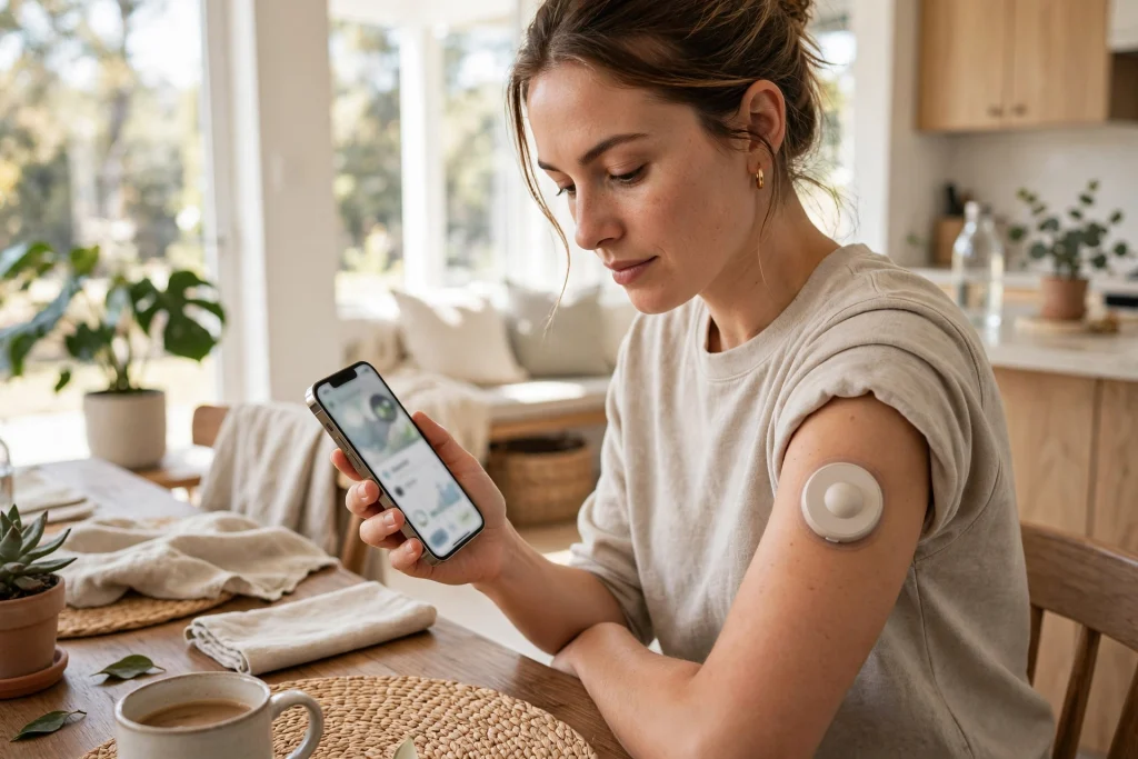 Person wearing a continuous glucose monitor and checking a health app