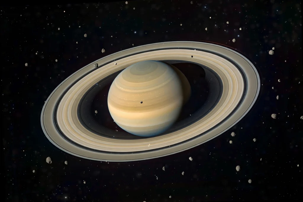 128 New Moons of Saturn Confirmed as Total Reaches 274 Telescope view of Saturn surrounded by dozens of tiny moons
