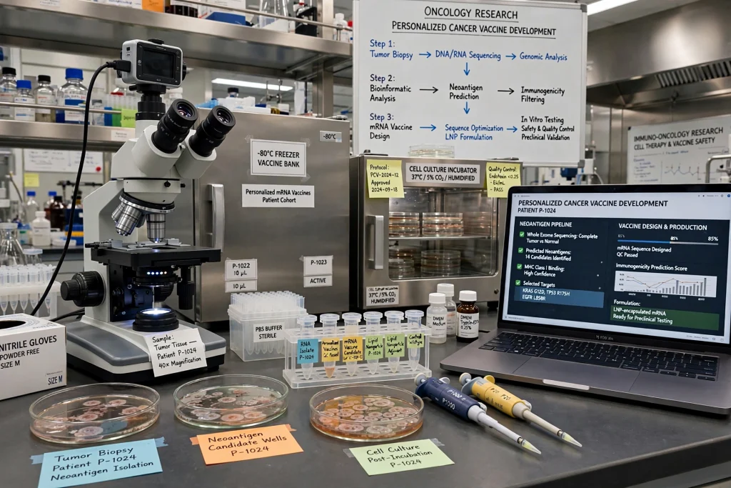 Cancer vaccine research in a high-tech oncology laboratory
